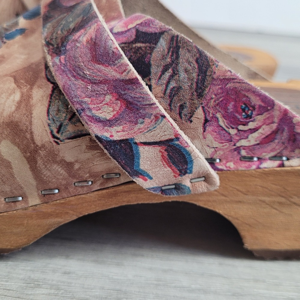 🌸Moheda Sweden Floral Leather Wooden Clogs Women 40 /US 9-9.5 (c-video) - Picture 12 of 16